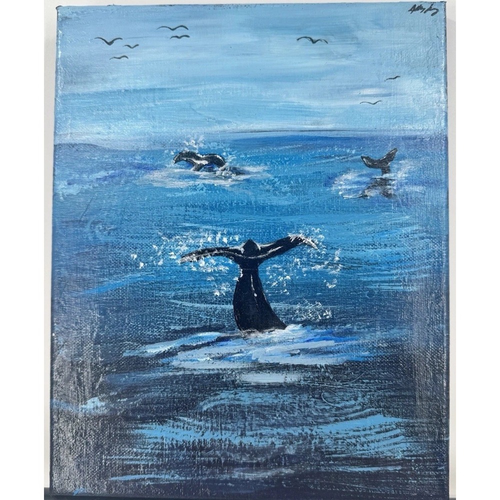 Original Acrylic Painting By Ashley Leary 11 x 14 In Ocean Water Whale Orca Sea